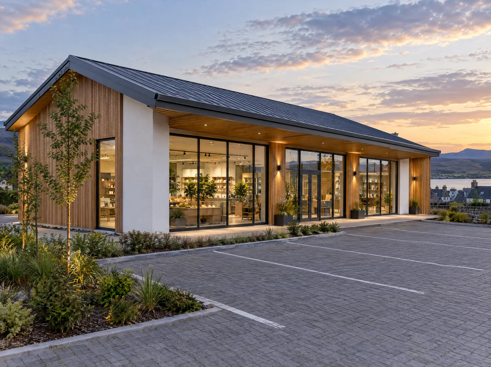 A modern timber-clad commercial building with parking (illustrative image)