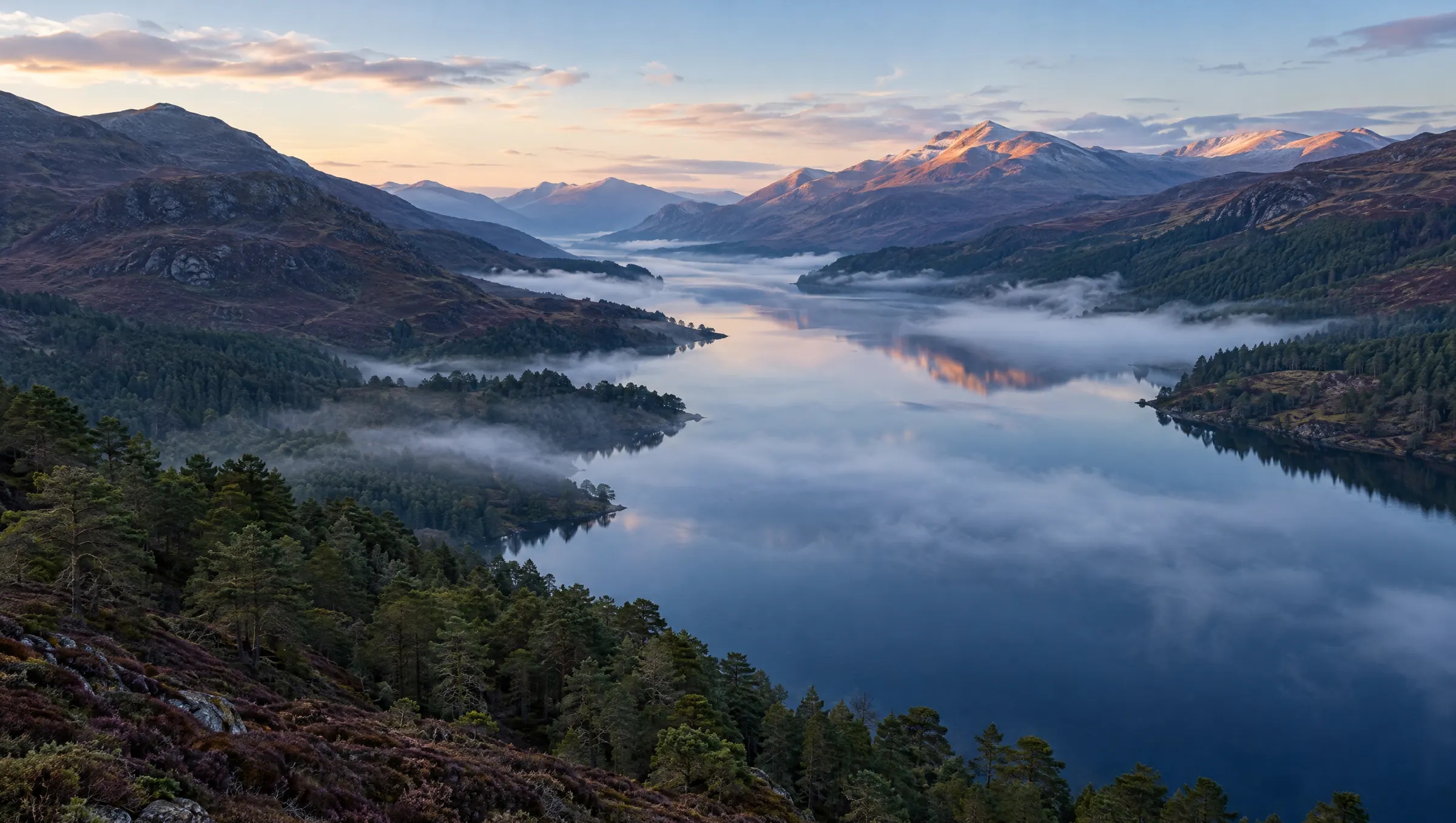 A Highland glen and loch at dawn